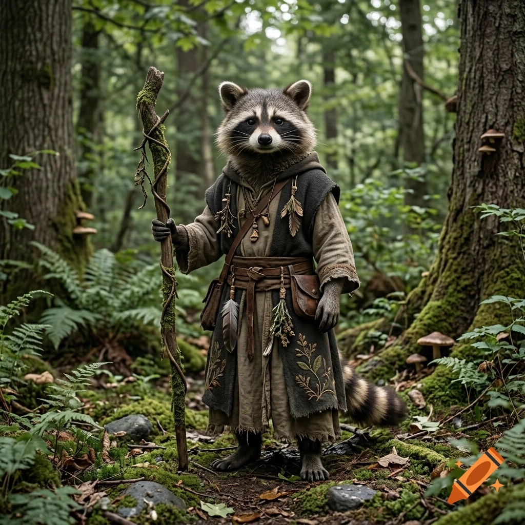 Photorealistic image of an anthropomorphic raccoon druid holding a wooden staff in a lush forest.