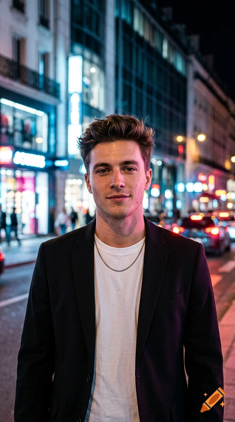 Photorealistic portrait of a young man with styled brown hair, wearing a white t-shirt and black blazer, standing on a city street at night with glowing lights in the background.