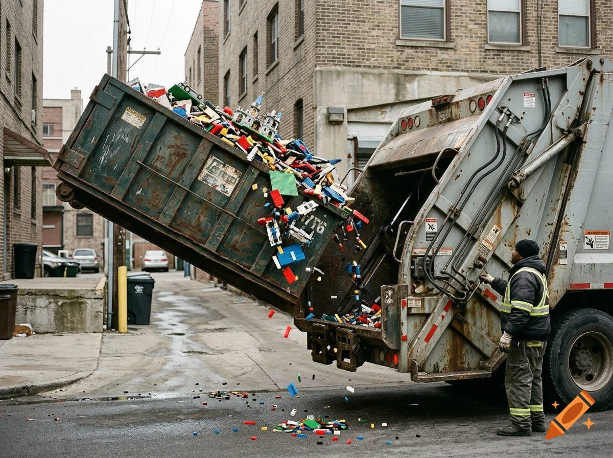 A garbage truck dumping a dumpster full of colorful plastic toy blocks and pieces into the back hopper in an alleyway, while a sanitation worker stands nearby.
