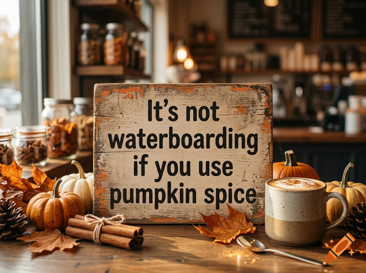 Photorealistic image of a wooden sign reading 'It's not waterboarding if you use pumpkin spice' surrounded by autumn decor and coffee.