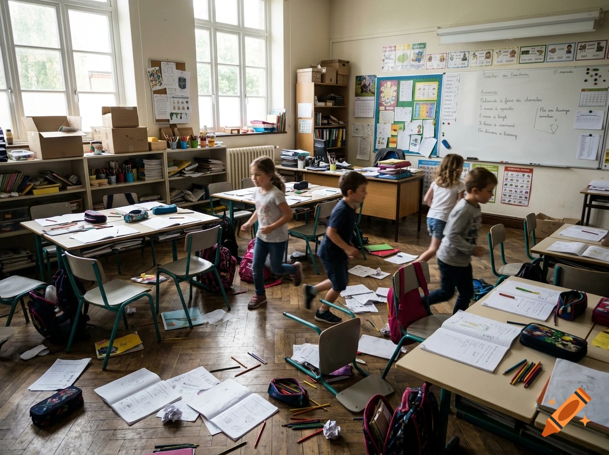 Children running through a messy classroom with papers and pencils scattered on the floor.