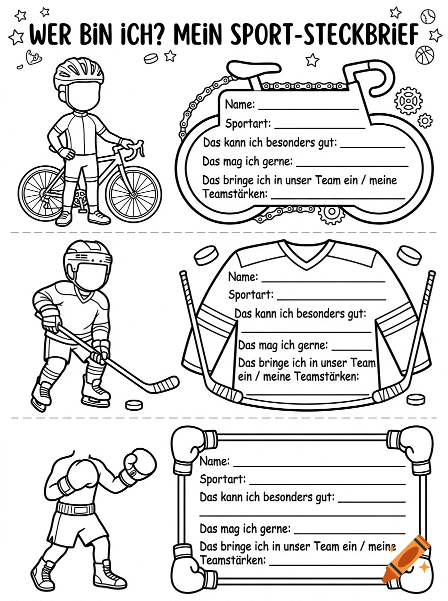 Black and white printable sports profile worksheet with fillable forms shaped like a bicycle, a jersey, and a boxing ring frame, featuring a cyclist, hockey player, and boxer.