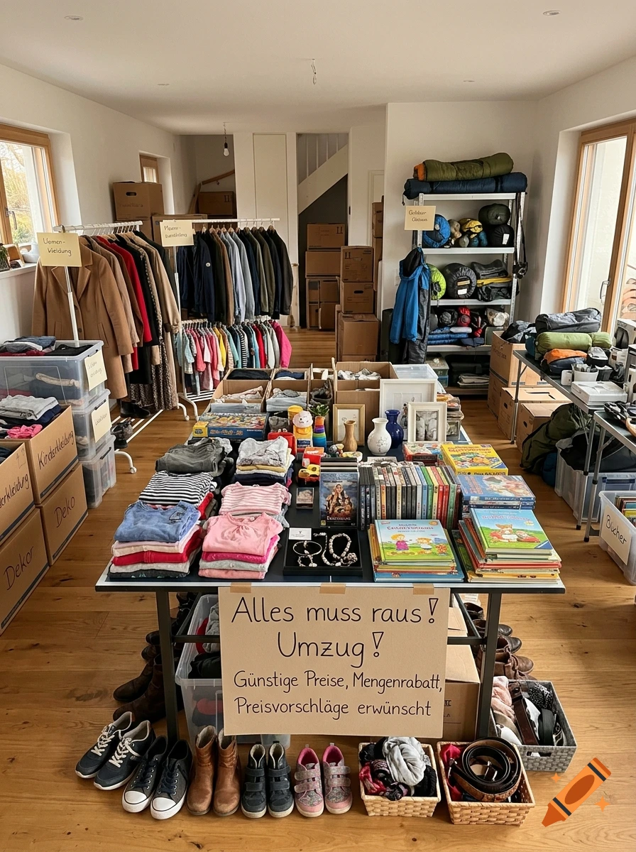 An indoor view of a moving sale or garage sale inside a home, featuring tables and racks loaded with clothes, books, shoes, and various items, with a sign reading 'Alles muss raus!' in the foreground.