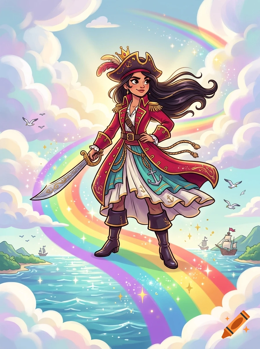 Digital cartoon illustration of a female pirate princess standing on a rainbow in the sky with clouds and ocean below.