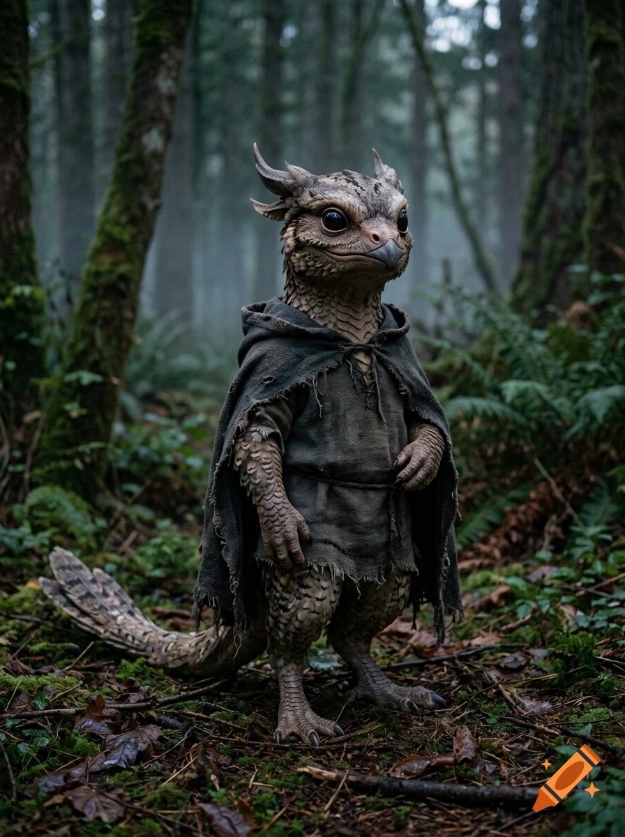 A photorealistic small dragon-like humanoid with a feathered tail wearing a weathered tunic and cloak in a misty forest.