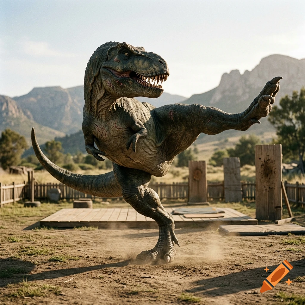 Photorealistic image of a Tyrannosaurus rex practicing tai chi or martial arts in an outdoor training area with mountains in the background.
