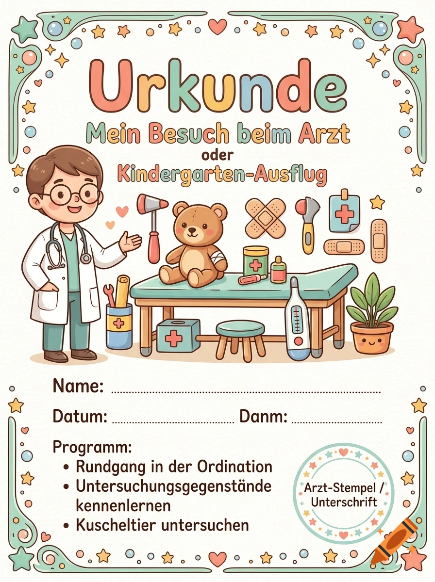Children's certificate illustration featuring a friendly doctor, a teddy bear, medical tools, and fillable form fields in a cute cartoon style.