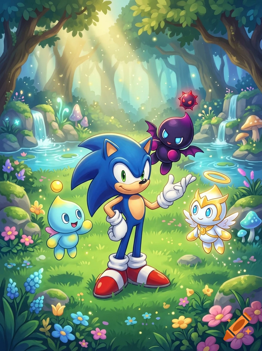 Sonic the Hedgehog and three Chao creatures in a vibrant, sunlit forest clearing with a stream and flowers, digital art style.