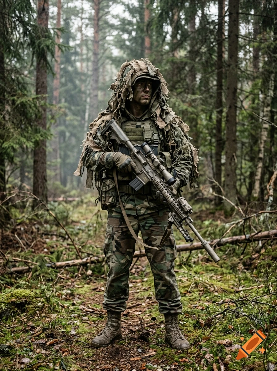 Photorealistic image of a recon sniper in a woodland camo uniform and ghillie hood holding a sniper rifle in a forest.