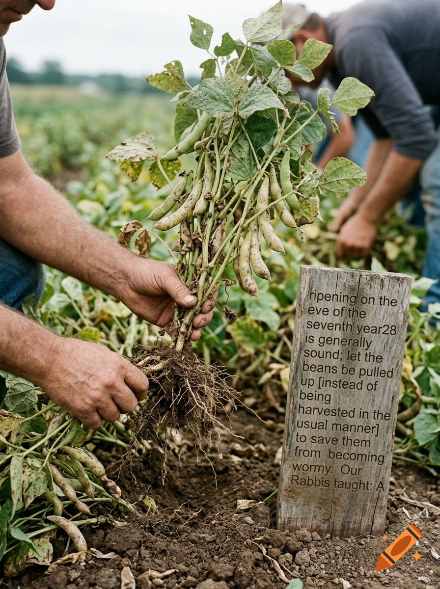Photorealistic image of a farmer holding harvested green beans with roots in a field, next to a wooden sign with text.