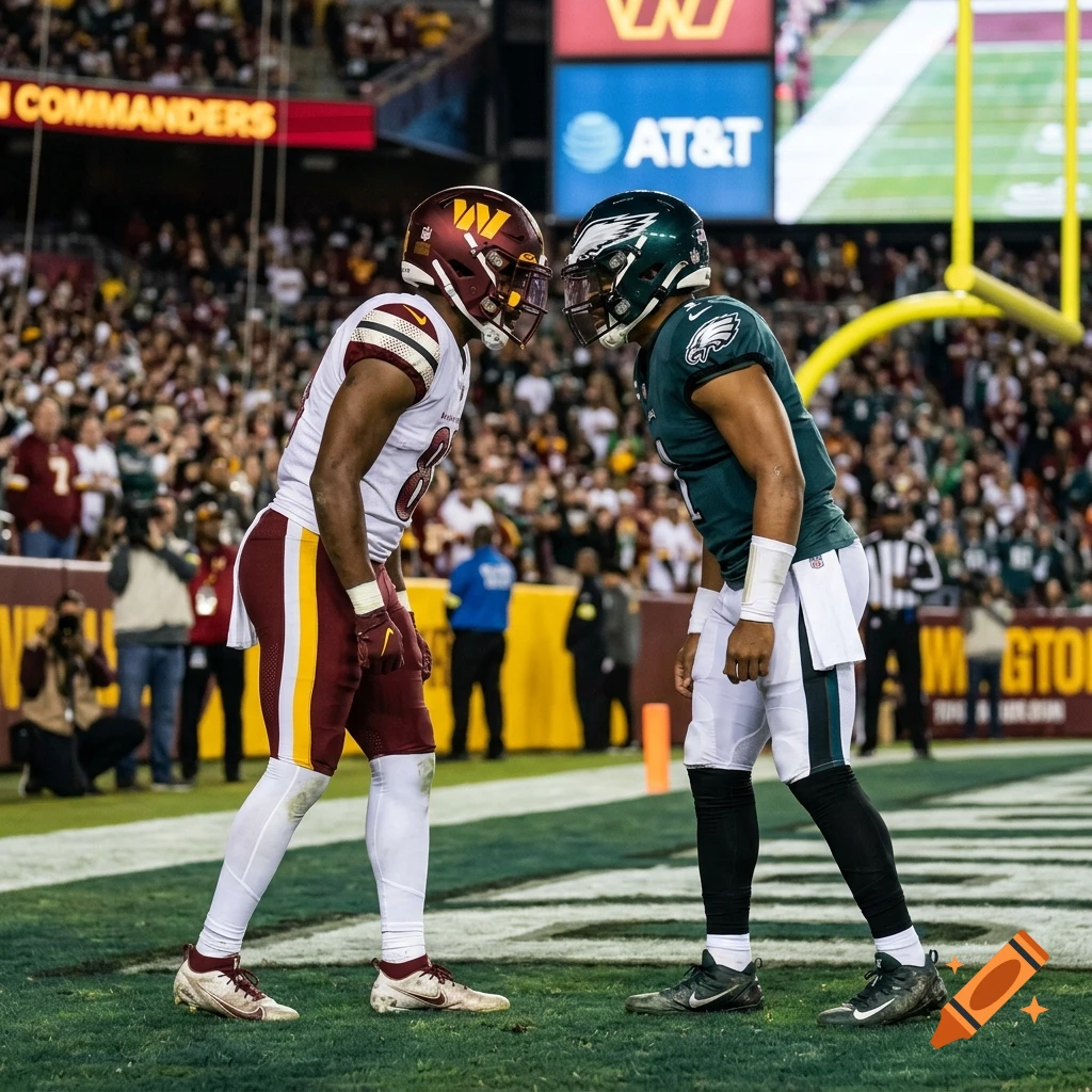 Photorealistic image of two football players facing off on the field during a night game.