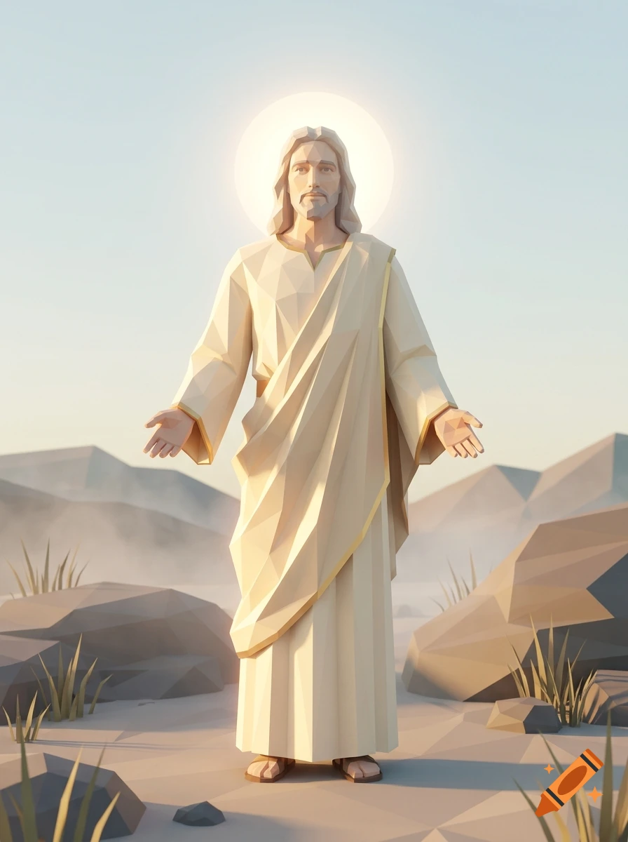 Low poly art of Jesus with a halo, standing in a rocky landscape with arms outstretched.