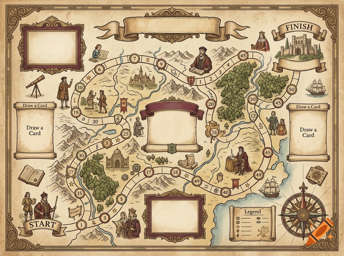 An illustrated historical map styled as a board game with numbered paths, drawings of explorers, landmarks, and ships in vintage drawing style.