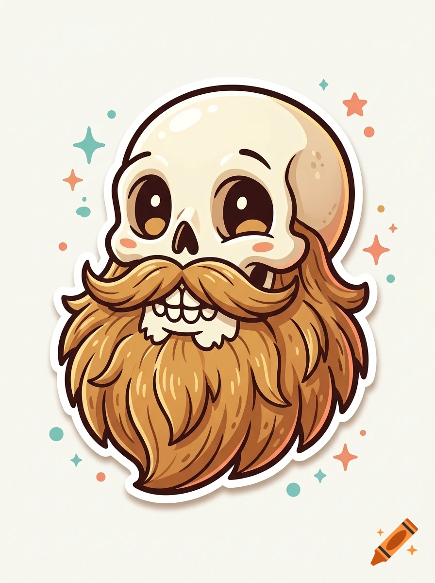 Cute cartoon skull sticker with a large brown beard and mustache, surrounded by small stars, on a light background.