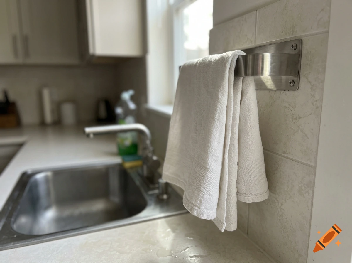 Photorealistic image of a white hand towel hanging on a stainless steel rack above a kitchen sink.