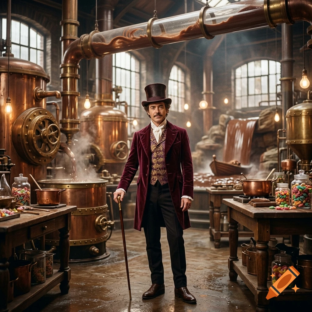 Photorealistic depiction of Willy Wonka in a grand, copper-filled chocolate factory holding a cane.