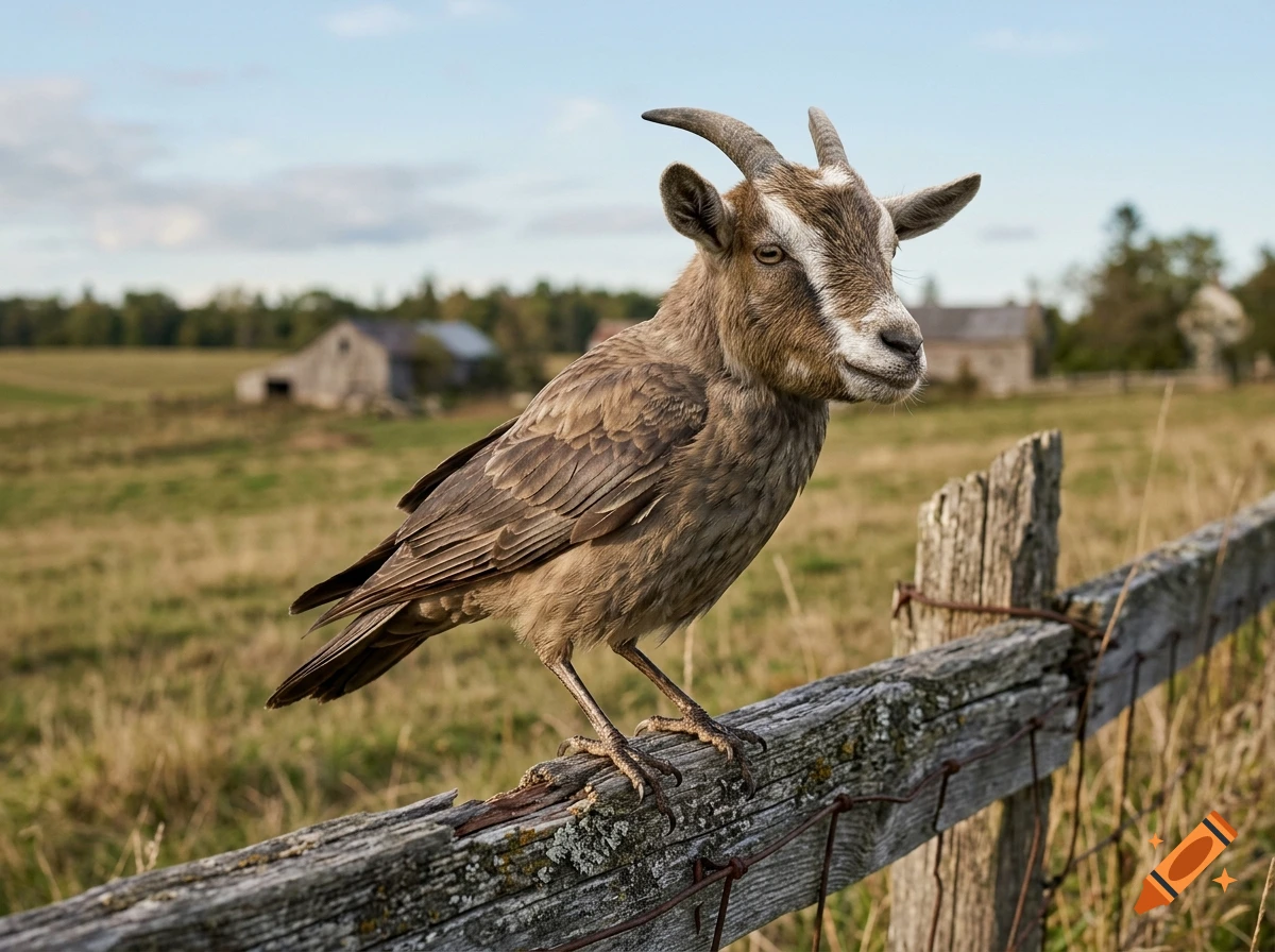 Photorealistic image of a bird with a goat's head perched on a wooden fence in a rural field.