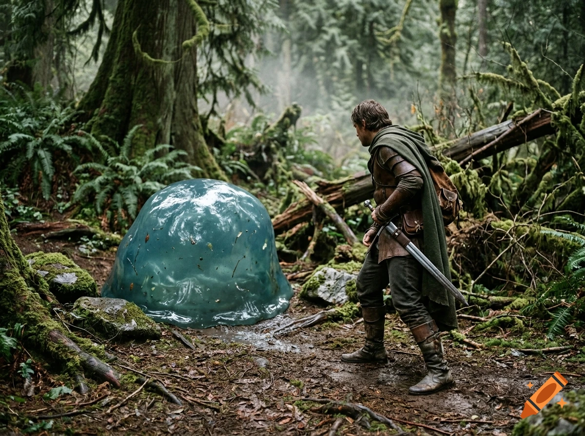 Photorealistic fantasy adventure scene of a knight with a green cloak standing before a giant blue slime in a mossy forest.
