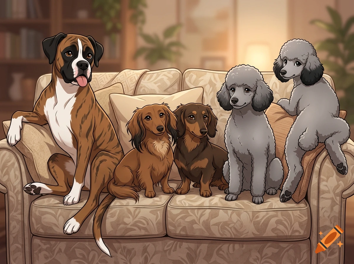 Digital illustration of five dogs sitting together on a beige patterned sofa in a cozy living room.