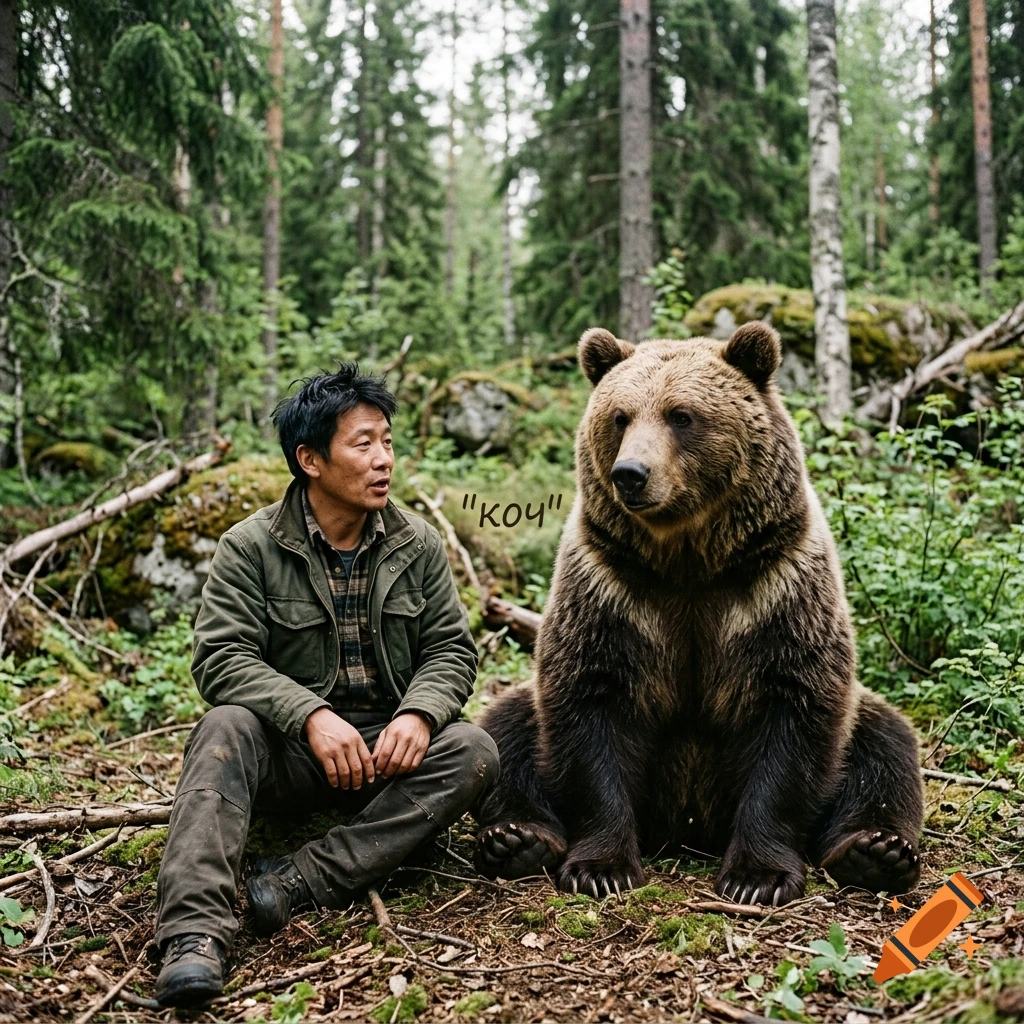 Photorealistic image of an Asian man sitting in a forest next to a large brown bear, with the Russian text "коч" floating between them.