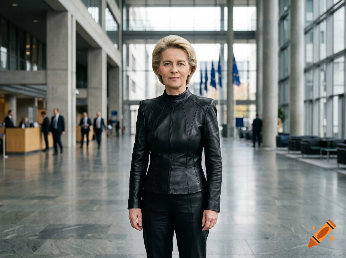 Photorealistic full-body portrait of a woman resembling Ursula von der Leyen wearing a black leather outfit inside a modern corporate building.