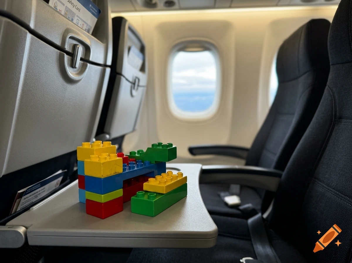 Colorful Duplo blocks arranged on an airplane tray table with seats and window in the background.