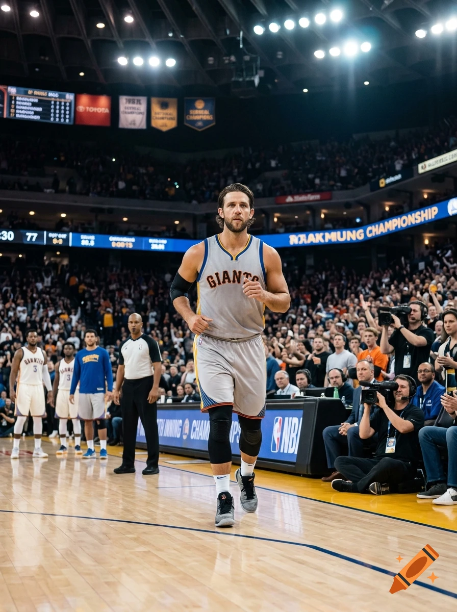 Photorealistic image of a basketball player walking on a court during a game in a crowded arena.