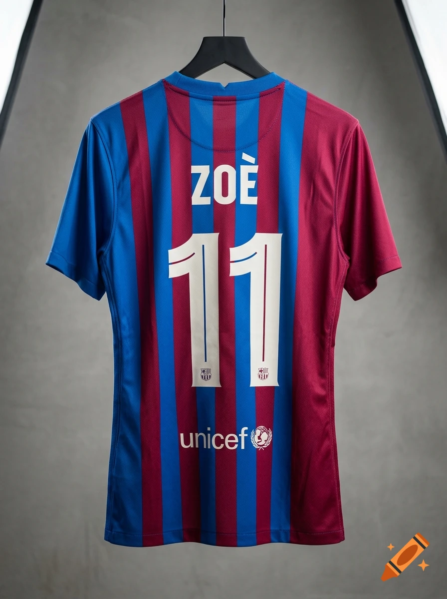 The back of a blue and maroon striped football jersey hanging on a hanger, featuring the name ZOË and number 11.
