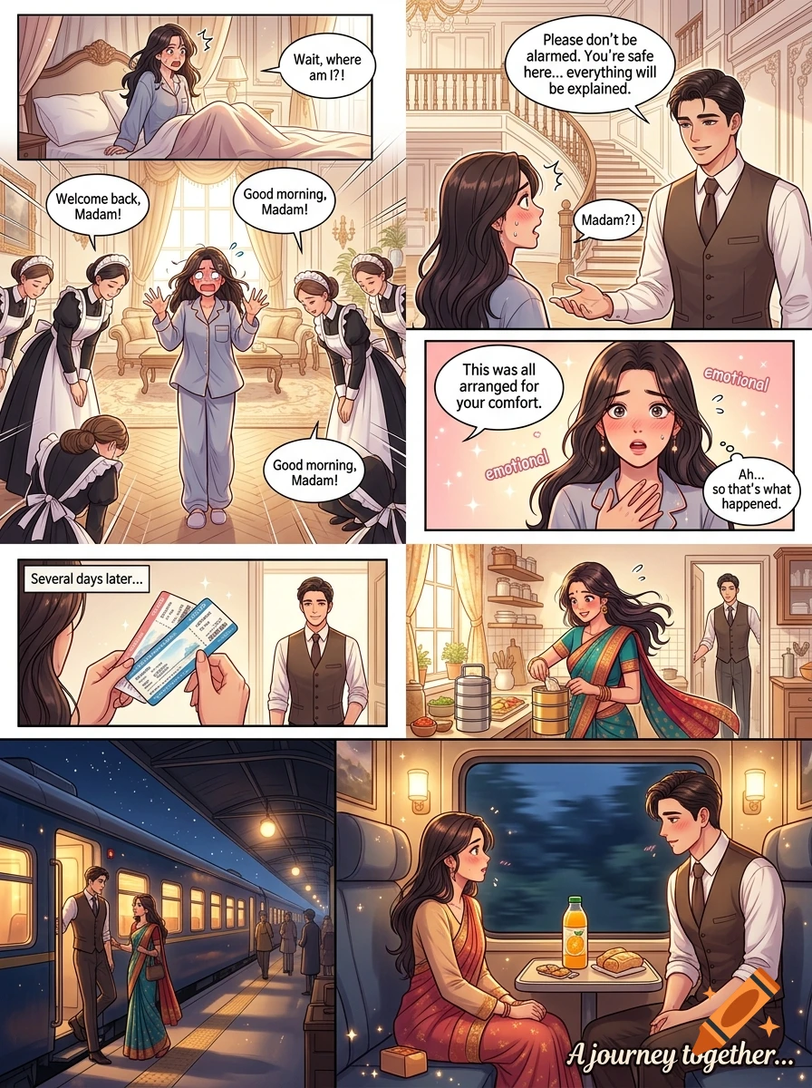 A multi-panel Korean webtoon style comic depicting a romantic story between a woman waking up in a mansion and traveling by train with a man.