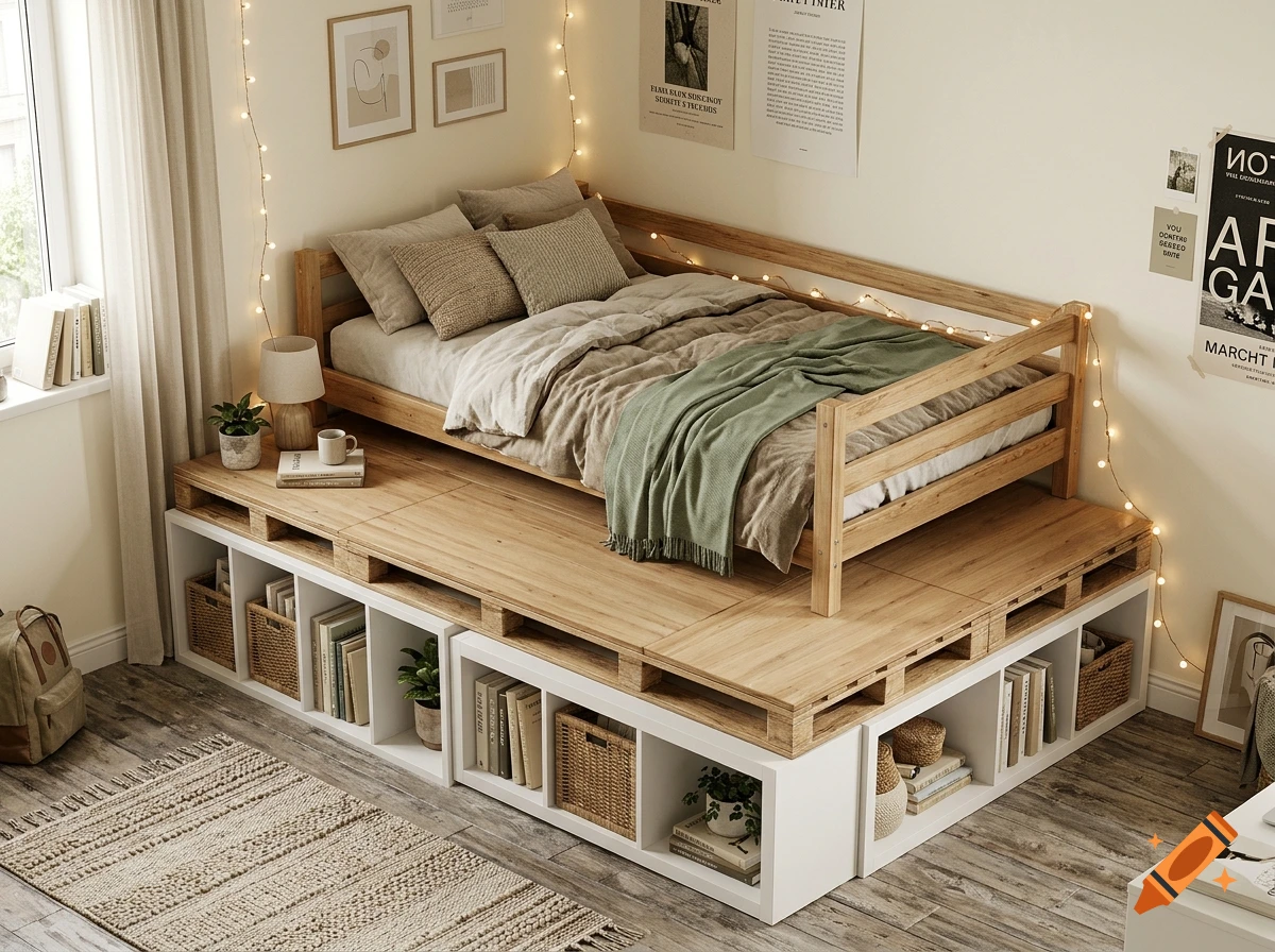 A wooden platform bed with built-in white storage cubes and shelves underneath, decorated with fairy lights and throw pillows.