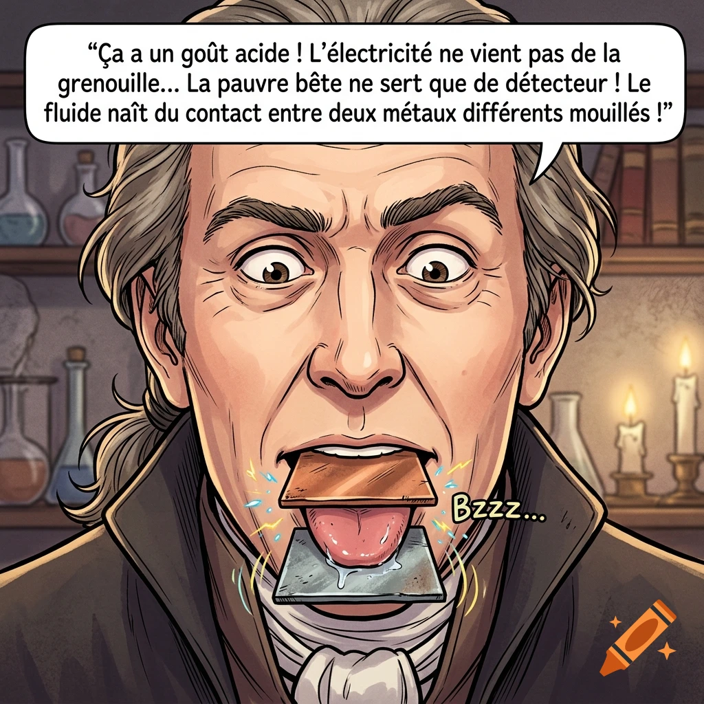 Close-up comic illustration of Alessandro Volta tasting electricity with copper and zinc plates on his tongue.