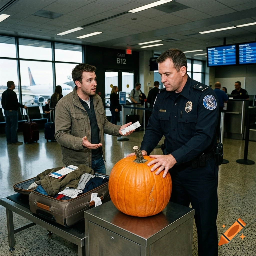 Photorealistic scene at an airport security checkpoint where a security officer inspects a large pumpkin next to an open suitcase.