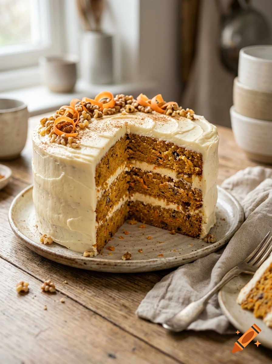 A slice cut out of a multi-layer carrot cake with cream cheese frosting, topped with walnuts and carrot curls on a wooden table.