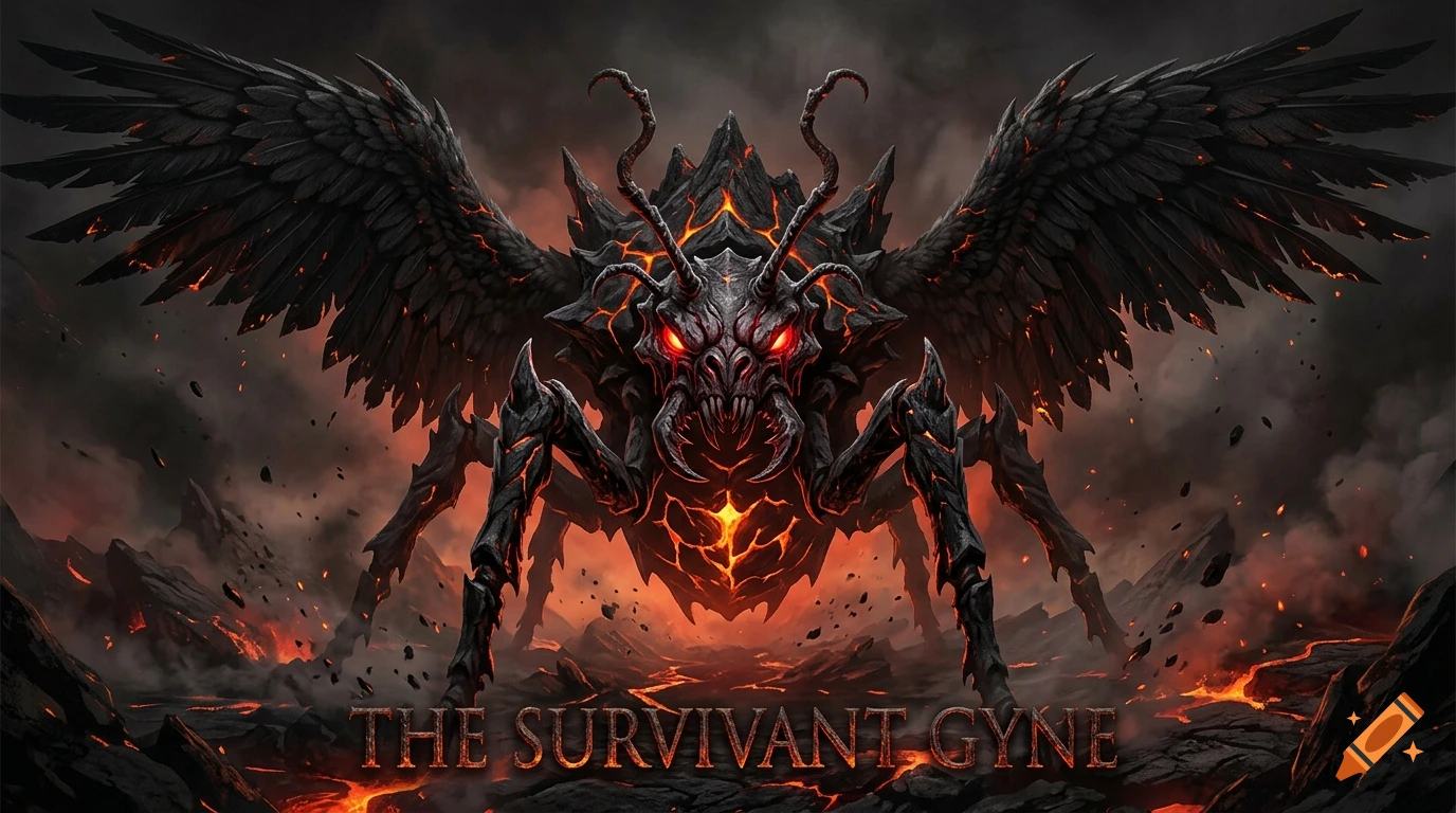A terrifying mutant queen ant monster made of obsidian and lava with large black wings in a dark fantasy setting.