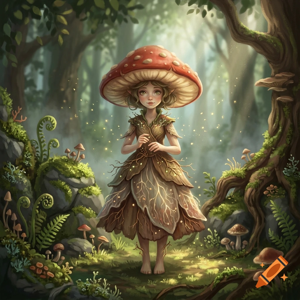 Digital illustration of a young girl with an amanita mushroom cap for a hat, standing in a magical forest surrounded by moss and glowing lights.