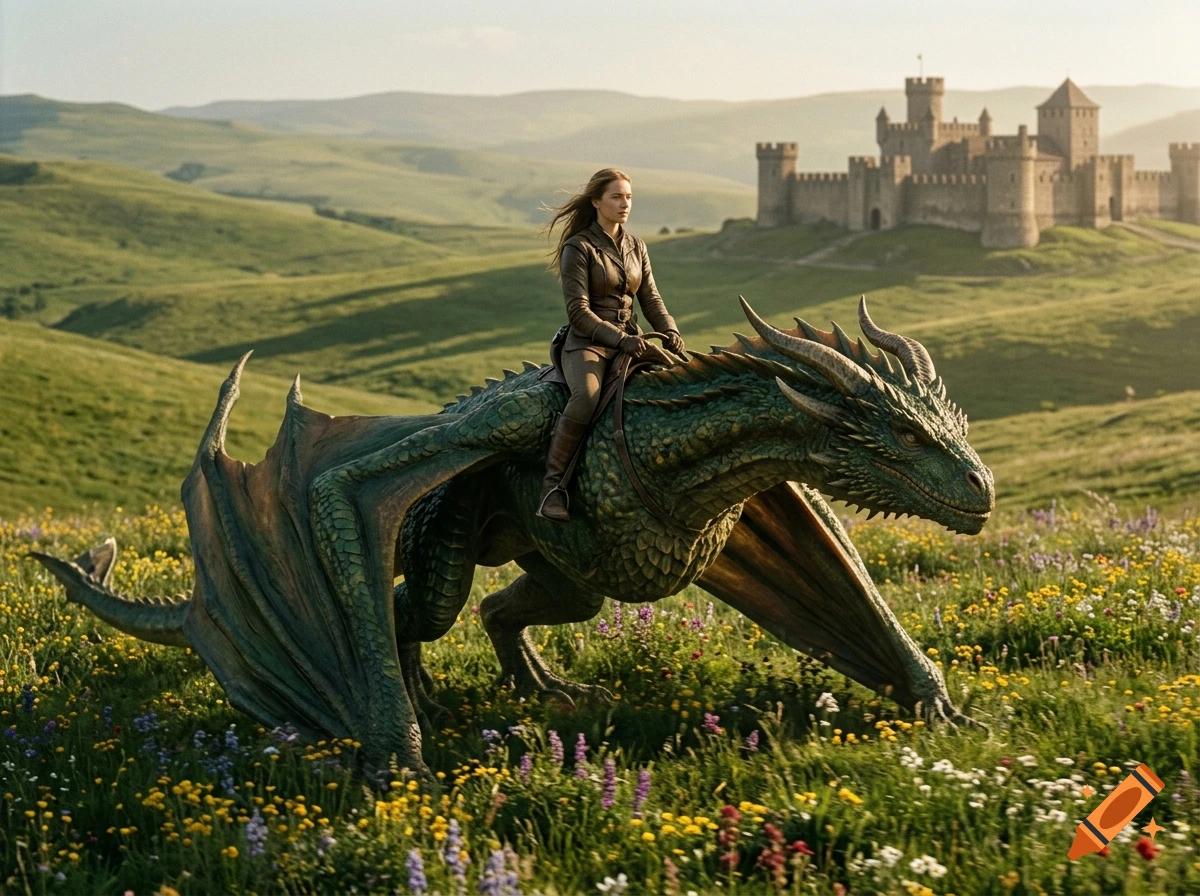 A woman riding a large green dragon across a grassy field with a medieval castle in the background.