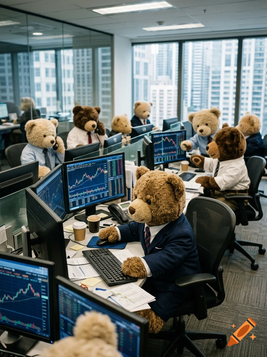 Photorealistic image of teddy bears wearing business suits and working at computers in an office.