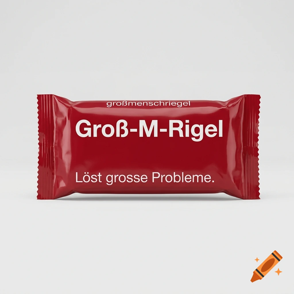 Photorealistic red chocolate bar wrapper with white German text on a light gray background.