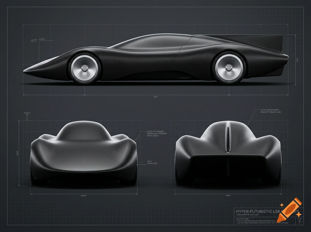 Blueprint style automotive design sheet showing side, front, and rear views of a black carbon fiber hyper-futuristic land-speed car.