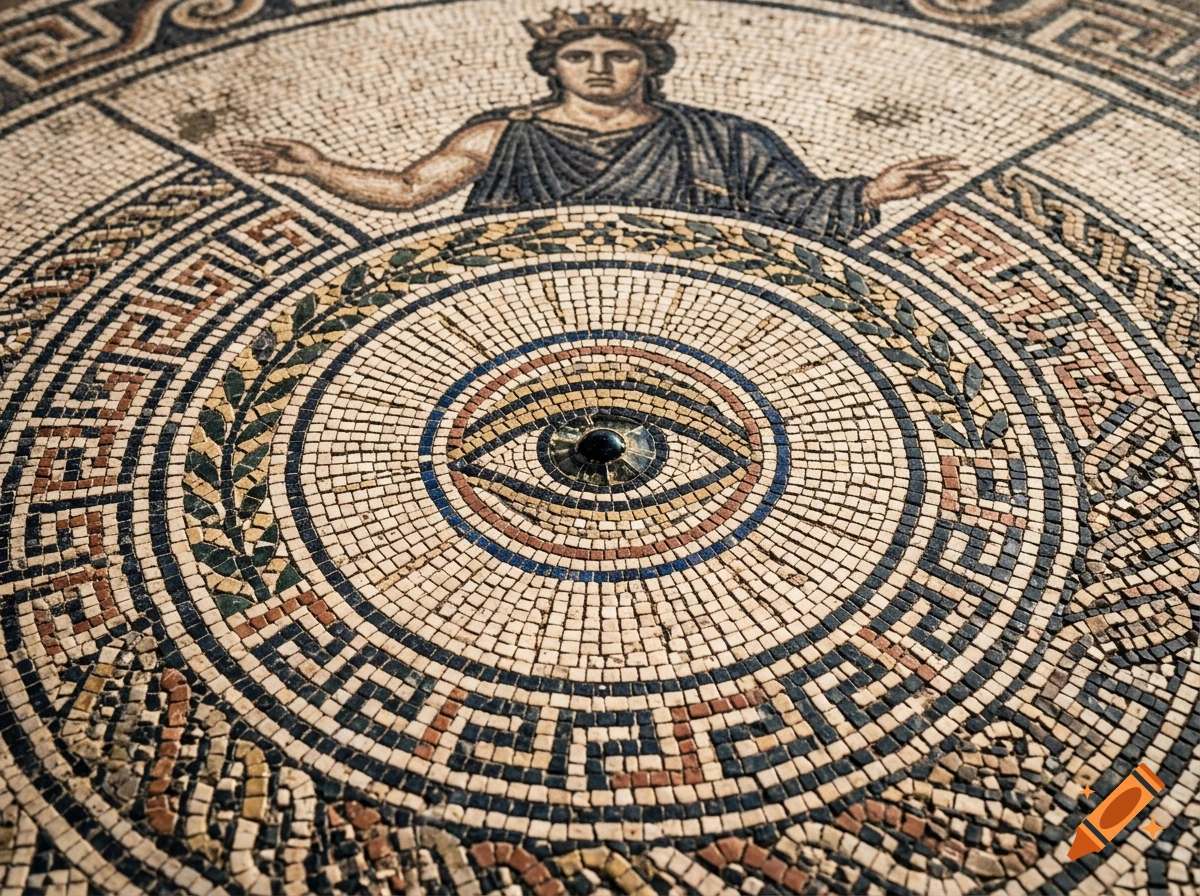 An ancient Greek mosaic depicting an eye symbol in the center with a figure above in a crown.