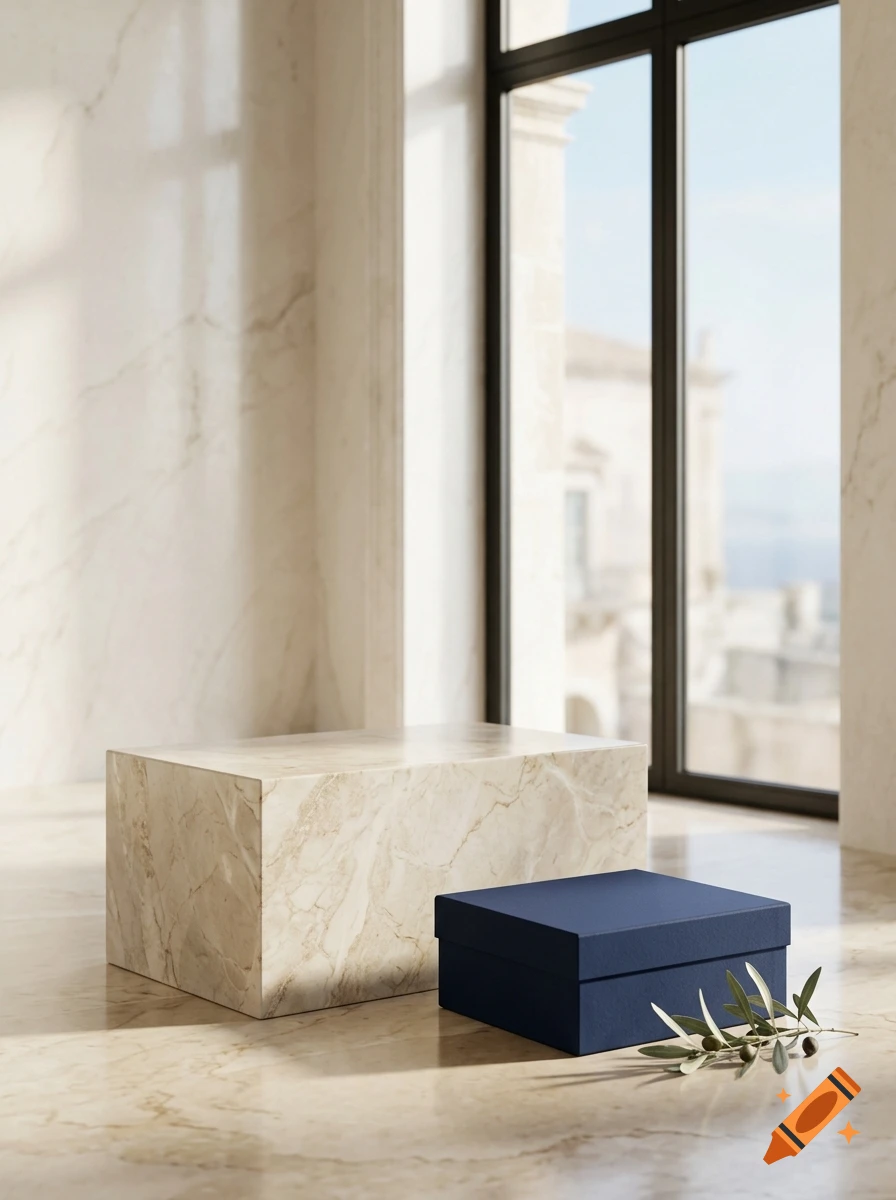 Photorealistic minimalist still life with an empty marble pedestal, a navy blue box, and an olive branch before a Mediterranean window.