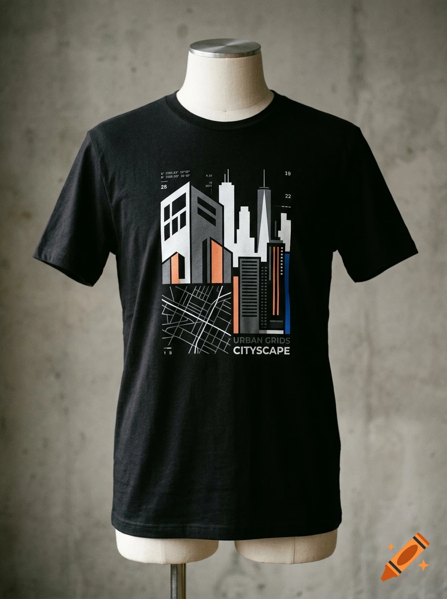 Black t-shirt on a mannequin featuring a modern urban grid and cityscape graphic design.