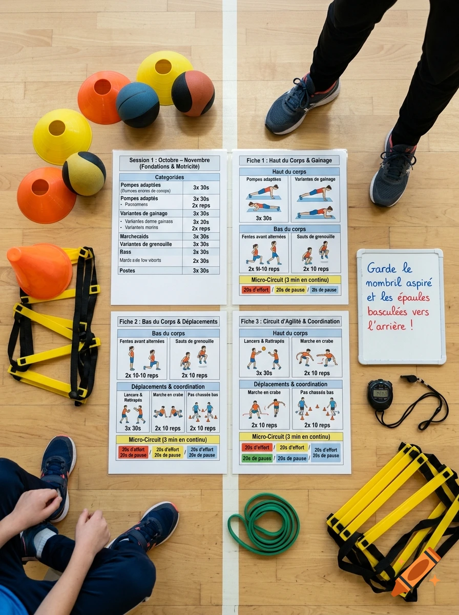 Overhead view of fitness training setup on a wooden floor with workout sheets, cones, ladders, and resistance bands.