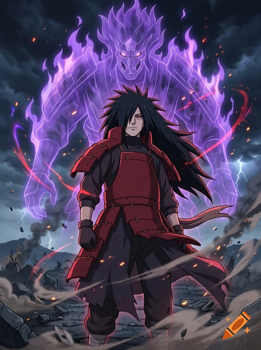 An anime-style illustration of a long-haired male character in red armor, standing amidst rubble with a glowing purple spectral figure behind him.