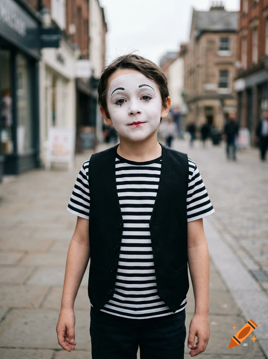 Photorealistic portrait of a young boy wearing mime makeup and a black vest over a striped shirt on a city street.