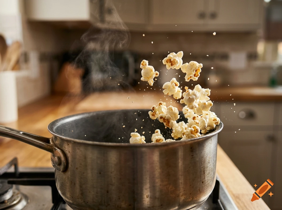 Photorealistic close-up of popcorn popping out of a stainless steel pot on a stove in a kitchen.