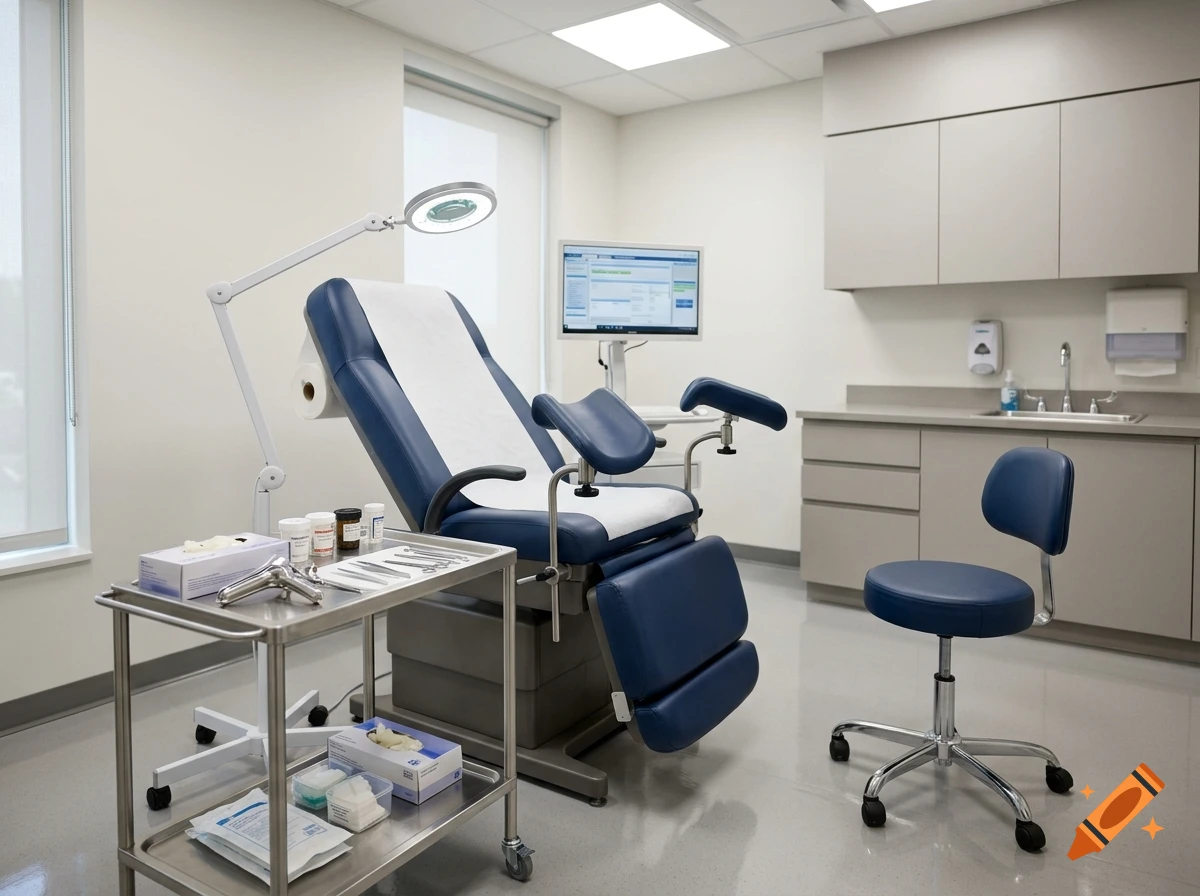 Photorealistic gynecological examination room with a blue exam chair, medical instruments, and bright lighting.
