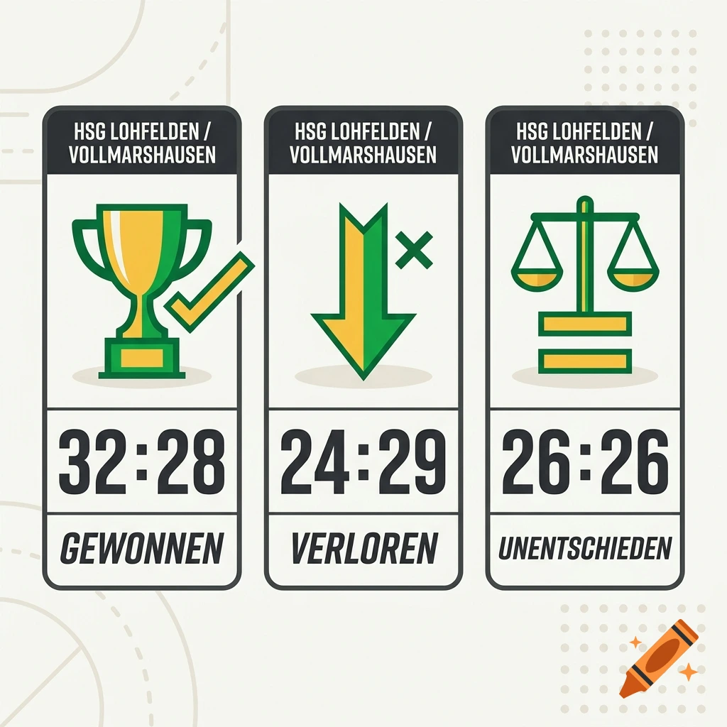 Three vertical signs in green and yellow displaying handball match results with symbols for won, lost, and draw.