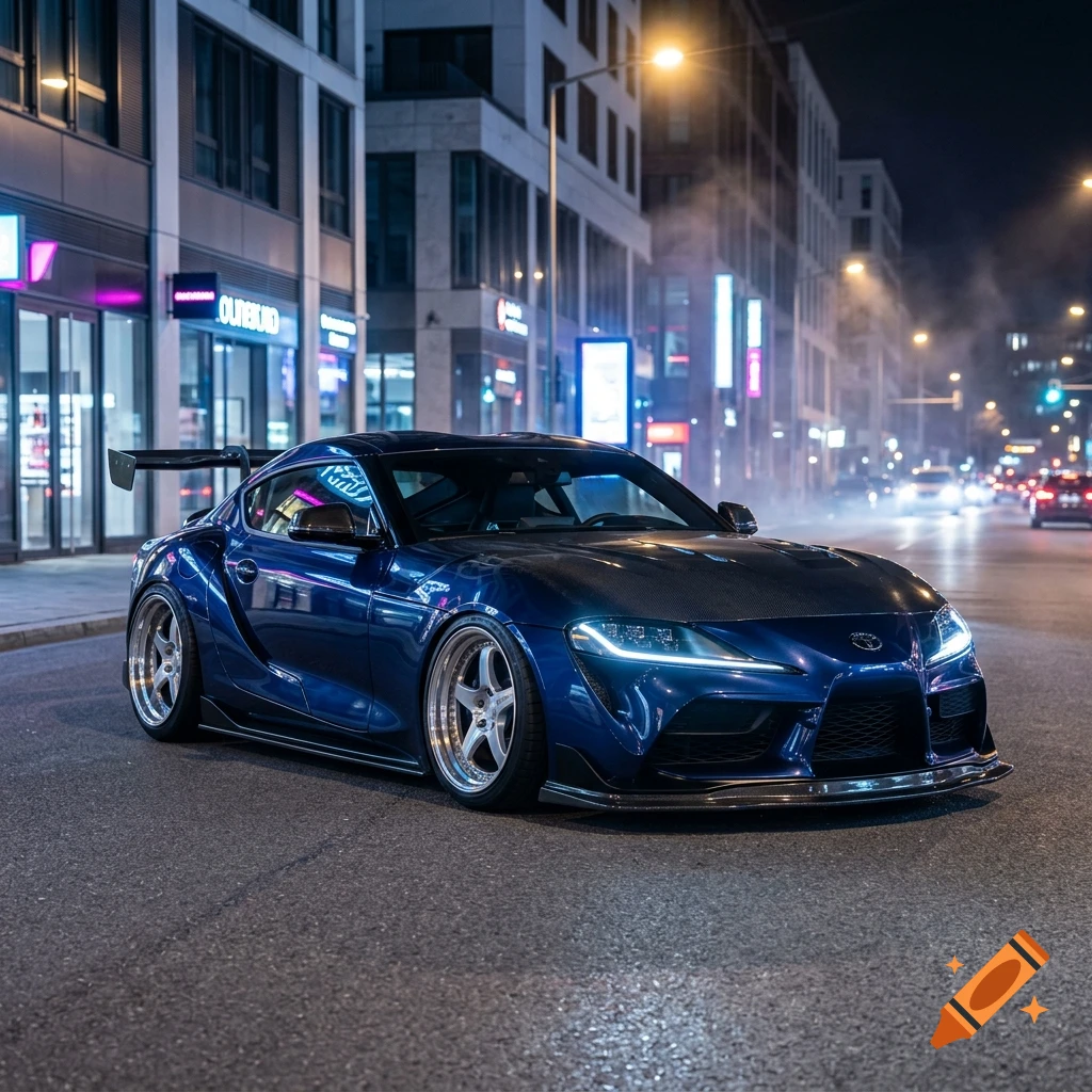 Photorealistic image of a tuned blue sports car parked on a city street at night with glowing storefronts and streetlights.