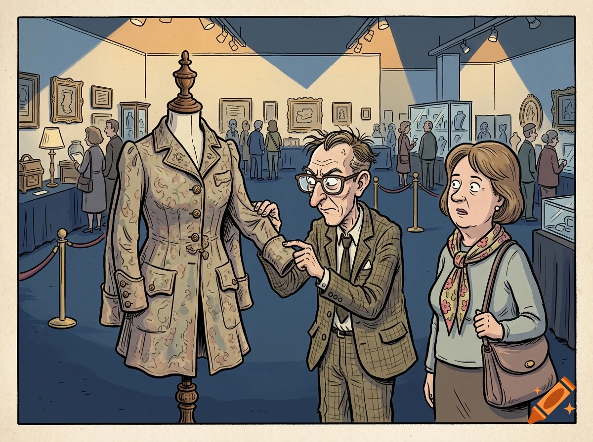 Comic style illustration of a nerdy expert inspecting a vintage coat on a mannequin, with a woman watching in a gallery.